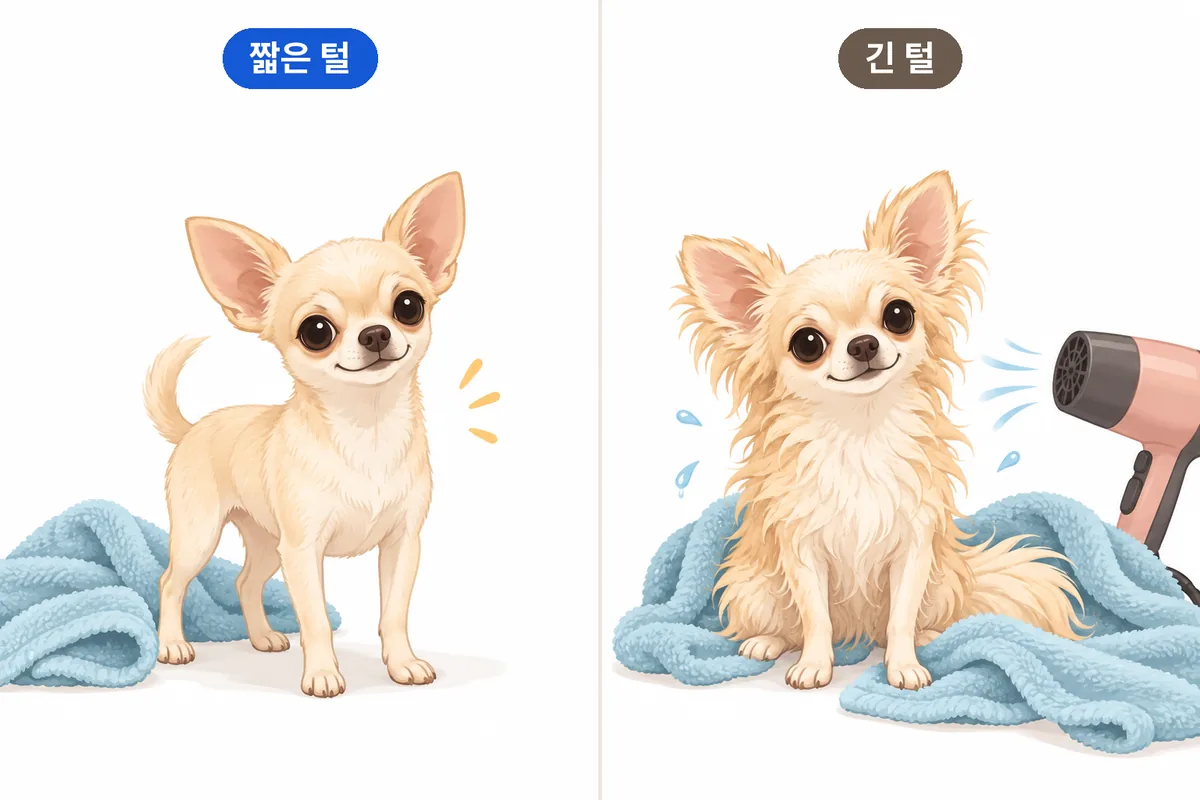 짧은 털과 긴 털의 치와와를 비교해 건조 작업 차이를 보여주는 일러스트