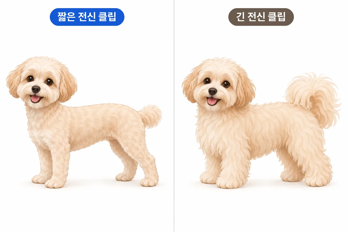 몸통·다리 털을 짧게 민 전신 클립 강아지와 다리·꼬리에 볼륨을 남긴 긴 전신 클립 강아지를 비교한 일러스트