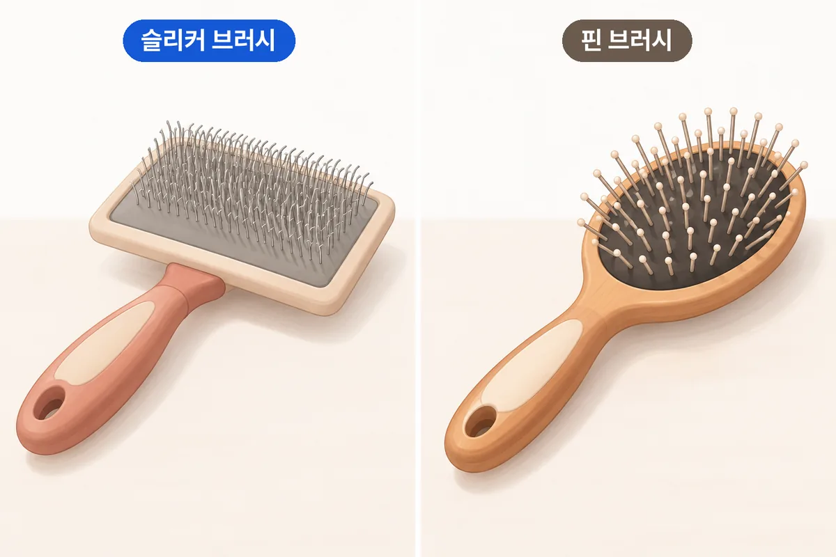 촘촘한 철사핀이 달린 슬리커 브러시와 둥근 팁의 넓은 핀이 달린 핀 브러시의 생김새를 비교한 일러스트