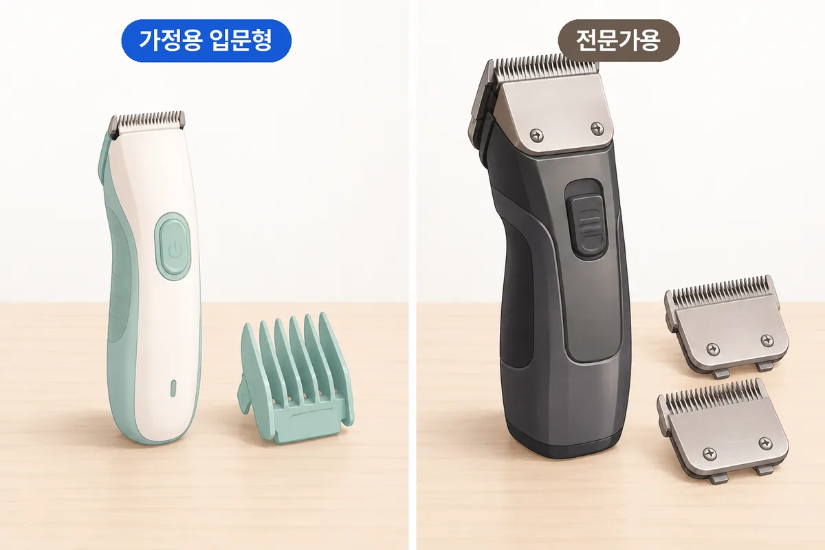 작고 가벼운 무선 가정용 클리퍼와 크고 묵직한 교체날 전문가용 클리퍼 비교 일러스트