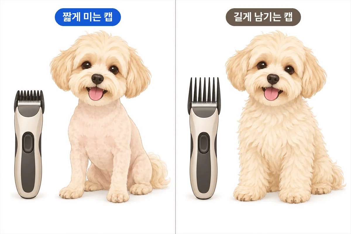 짧은 가이드캡으로 털을 짧게 민 강아지와 긴 가이드캡으로 털을 길게 남긴 강아지 비교 일러스트