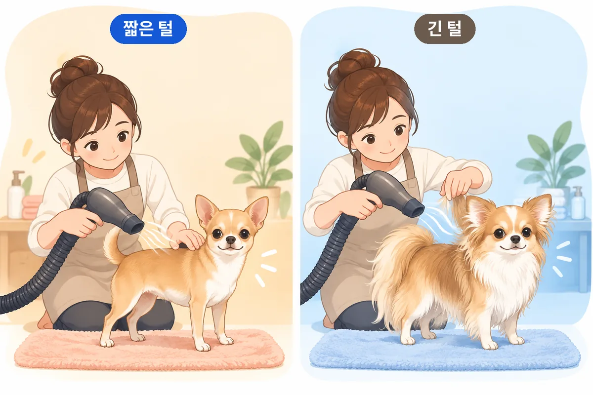 짧은 털과 긴 털의 강아지를 수건 정리 후 드라이 방식으로 비교한 그림