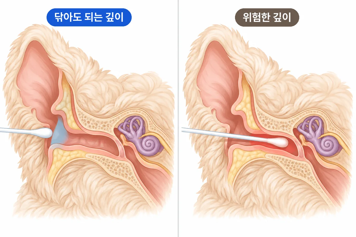 귓바퀴 안쪽 얕은 부분만 닦는 올바른 면봉 깊이와 귓속 깊숙이 넣은 위험한 깊이를 비교한 일러스트