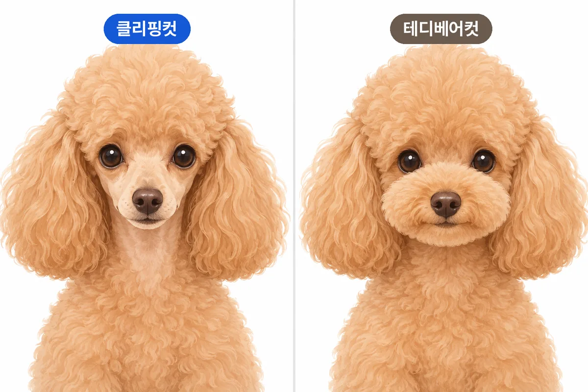 얼굴 털을 짧게 민 클리핑컷 푸들과 얼굴 볼륨을 둥글게 살린 테디베어컷 푸들 비교 일러스트