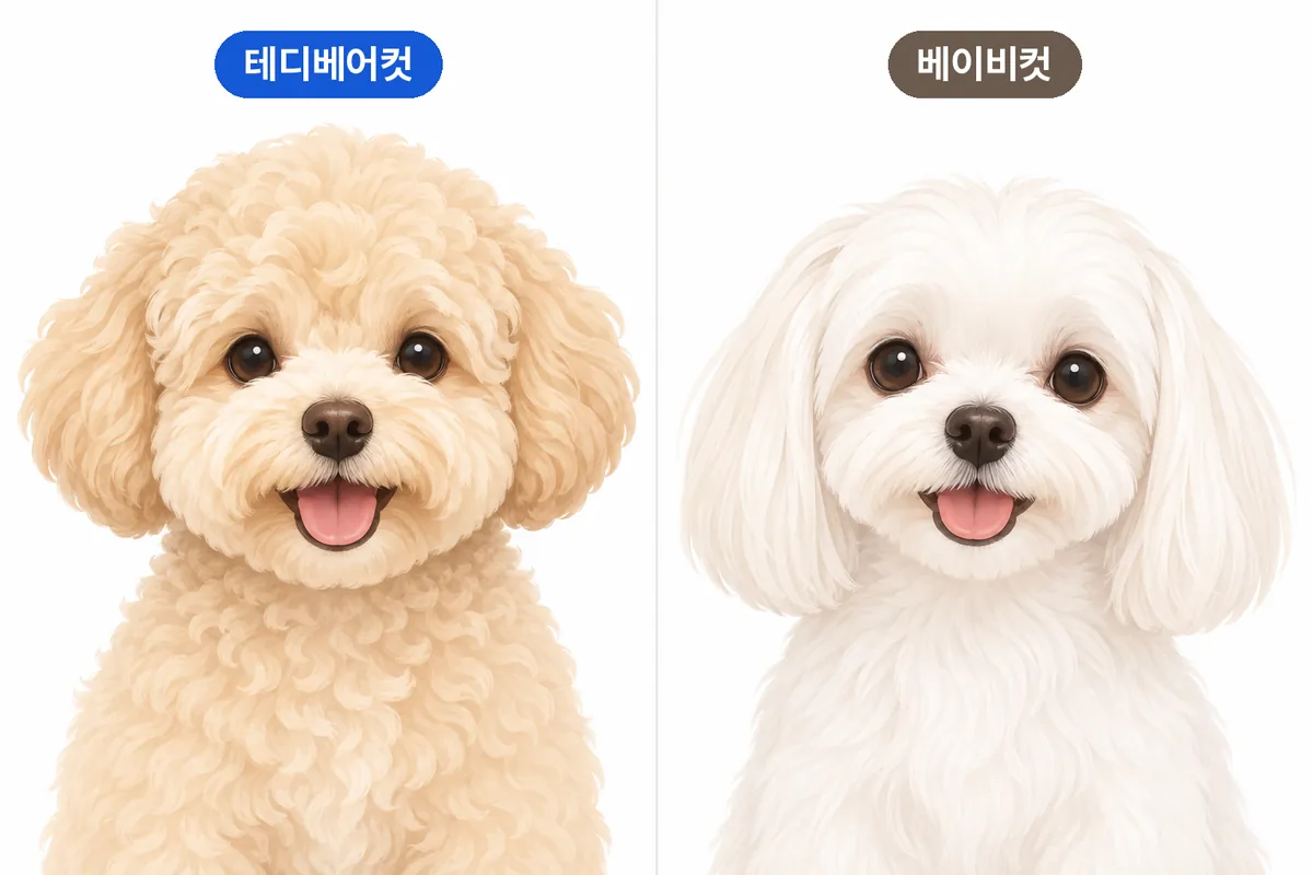 둥글고 볼륨 있는 테디베어컷의 곱슬털 강아지와 눈·주둥이 주변을 짧게 정리한 베이비컷의 직모 강아지 비교 일러스트