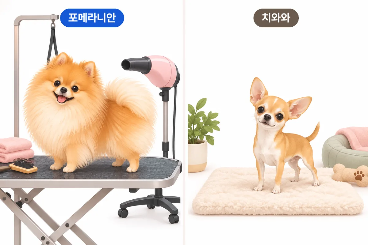 포메라니안과 치와와의 털량과 체형에 따른 첫 손질 적응 장면 비교
