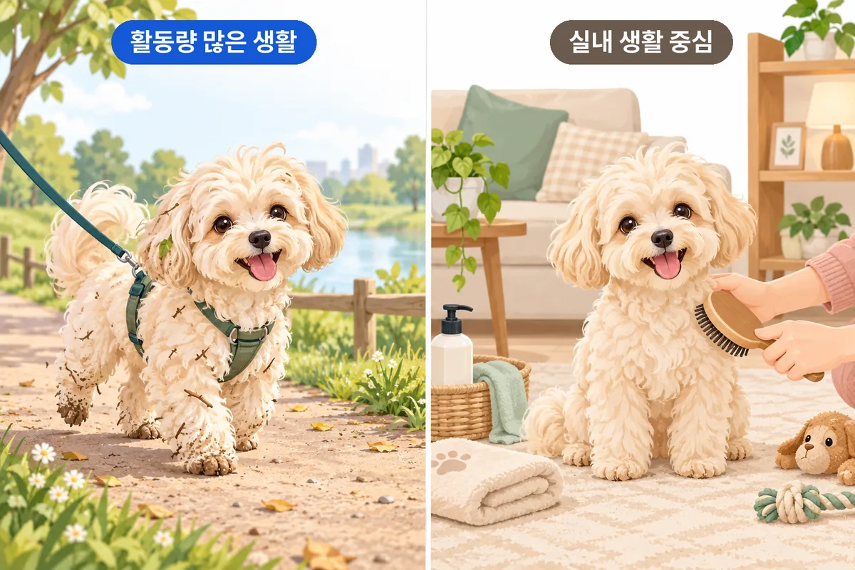 생활패턴에 따라 강아지 털 관리 부담이 달라지는 모습을 비교한 일러스트