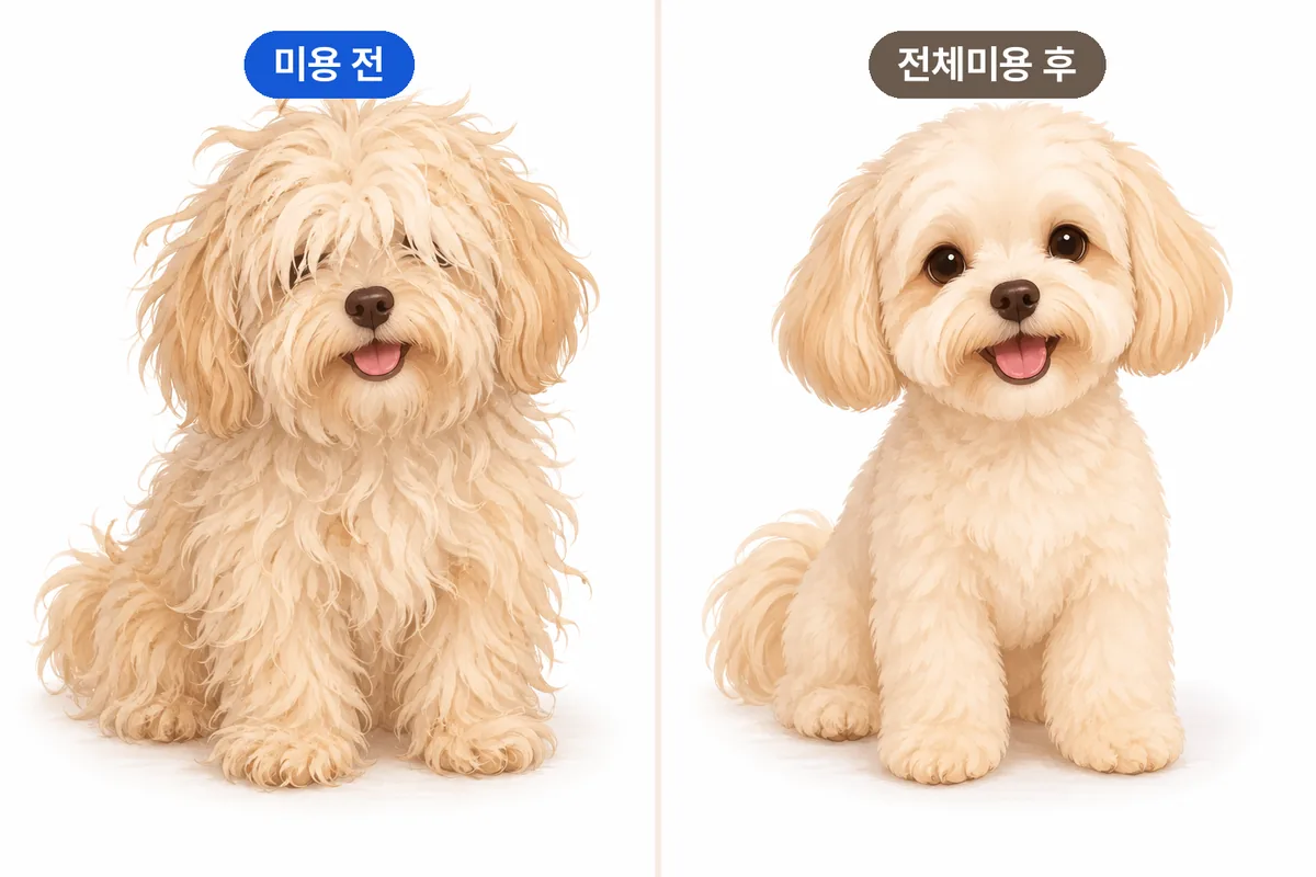 털이 덥수룩하게 자란 미용 전 강아지와 전체미용으로 단정해진 강아지 비교 일러스트