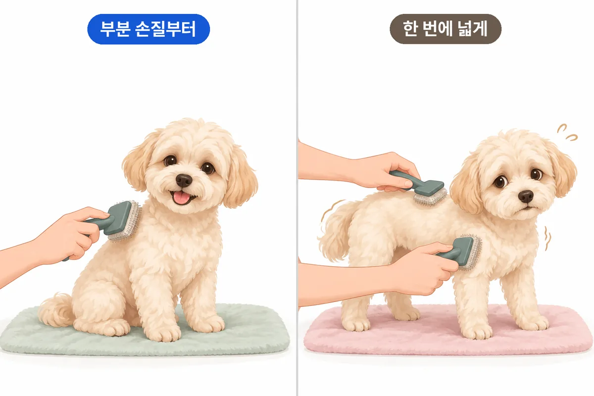 작은 강아지의 부분 손질부터 시작하는 방식과 한 번에 넓게 손질하는 방식을 비교한 그림