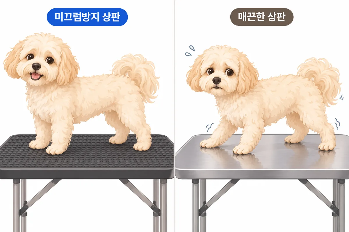 미끄럼방지 매트 위에서 다리를 편안히 딛고 선 강아지와 매끈한 상판 위에서 다리가 미끄러져 불안하게 선 강아지를 비교한 일러스트