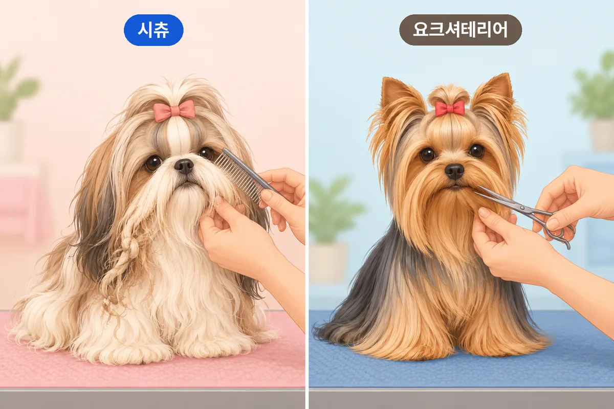시츄와 요크셔테리어의 털과 얼굴 주변 미용 범위를 비교한 일러스트
