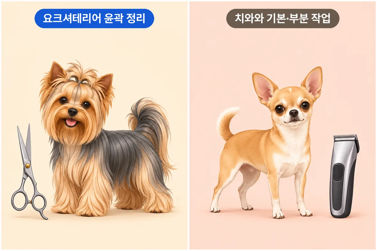 요크셔테리어와 치와와의 털 길이에 따른 미용 범위를 비교한 일러스트