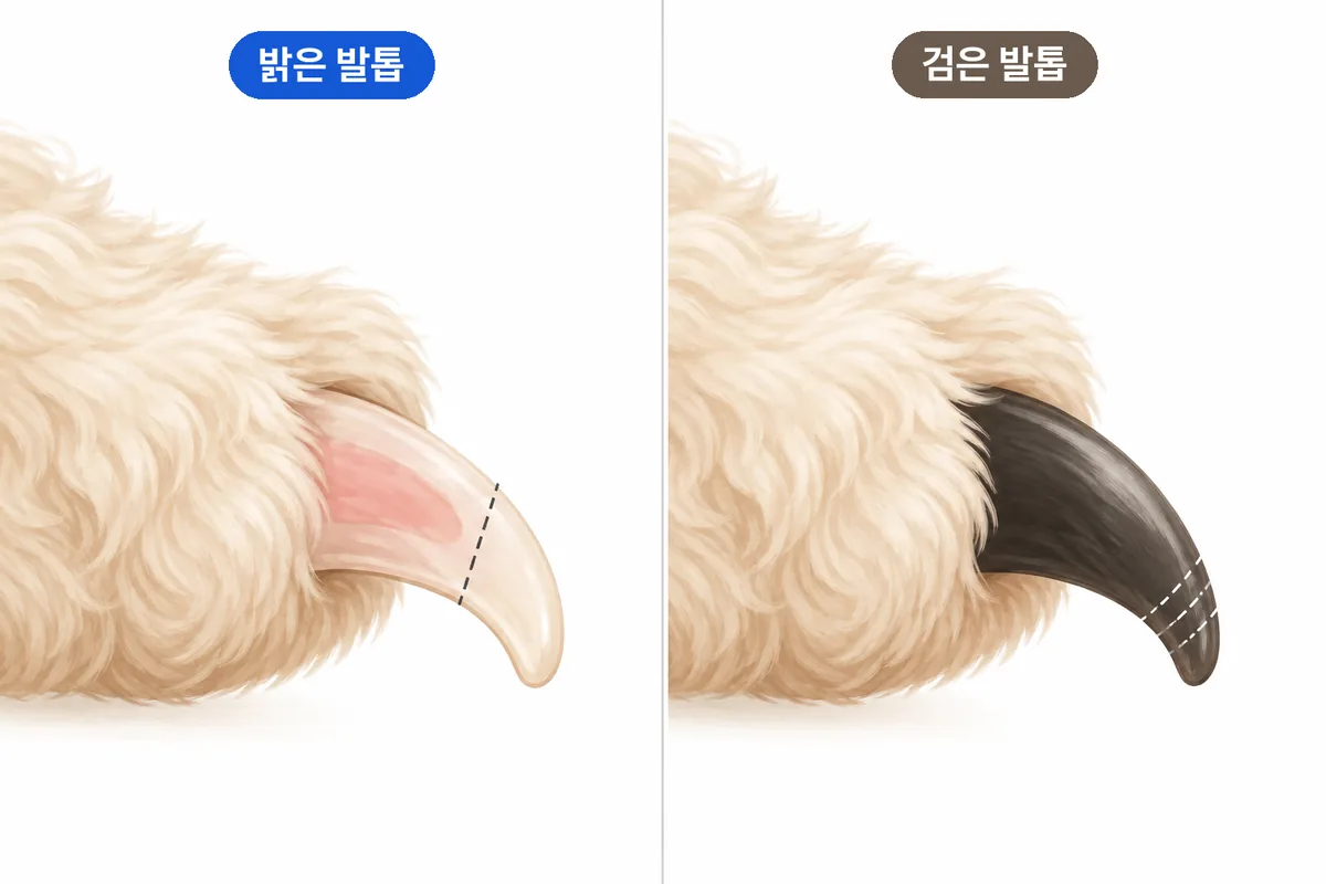 분홍 혈관이 비치는 밝은 발톱과 혈관이 보이지 않는 검은 발톱의 자를 위치를 비교한 일러스트