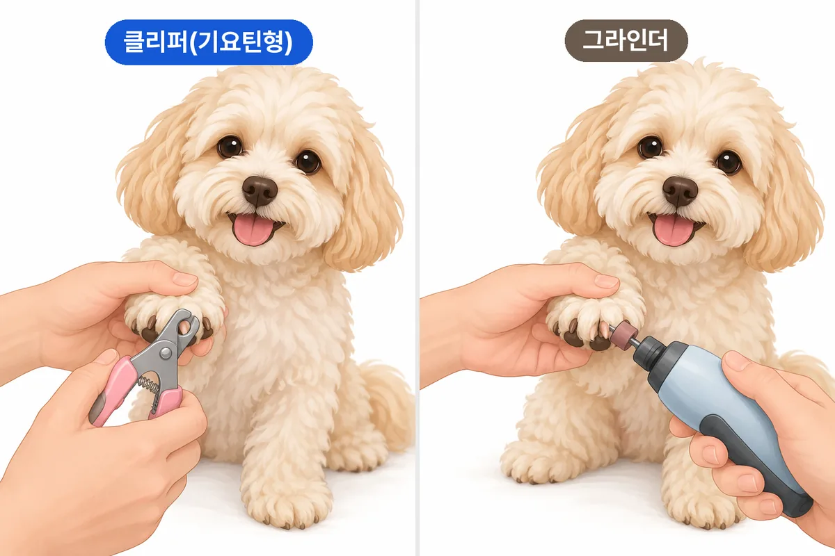 기요틴형 발톱 클리퍼로 발톱을 자르는 모습과 회전 그라인더로 발톱 끝을 가는 모습 비교 일러스트