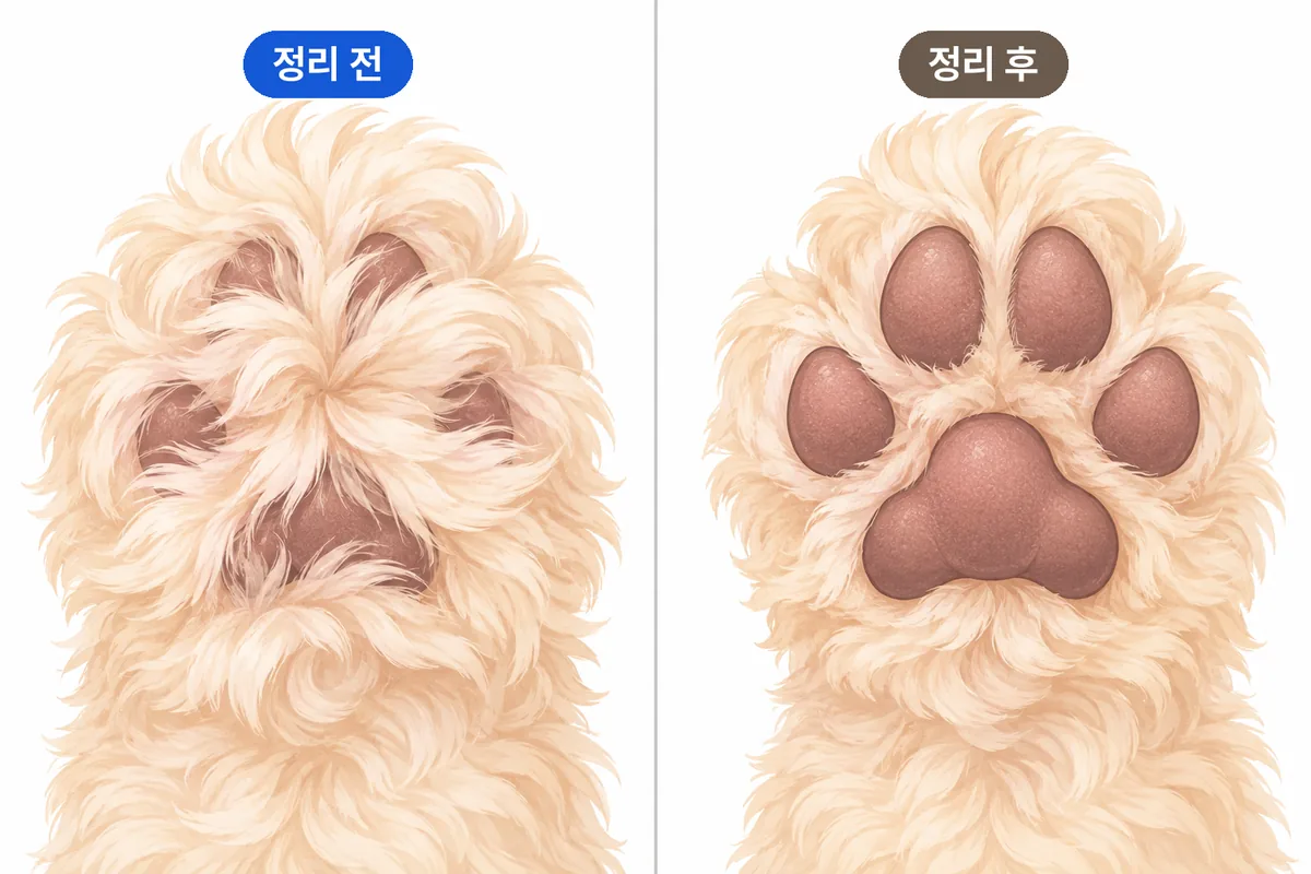 패드 사이 털이 수북하게 자라 뒤덮인 발바닥과 털을 정리해 패드가 깔끔히 드러난 발바닥을 비교한 일러스트