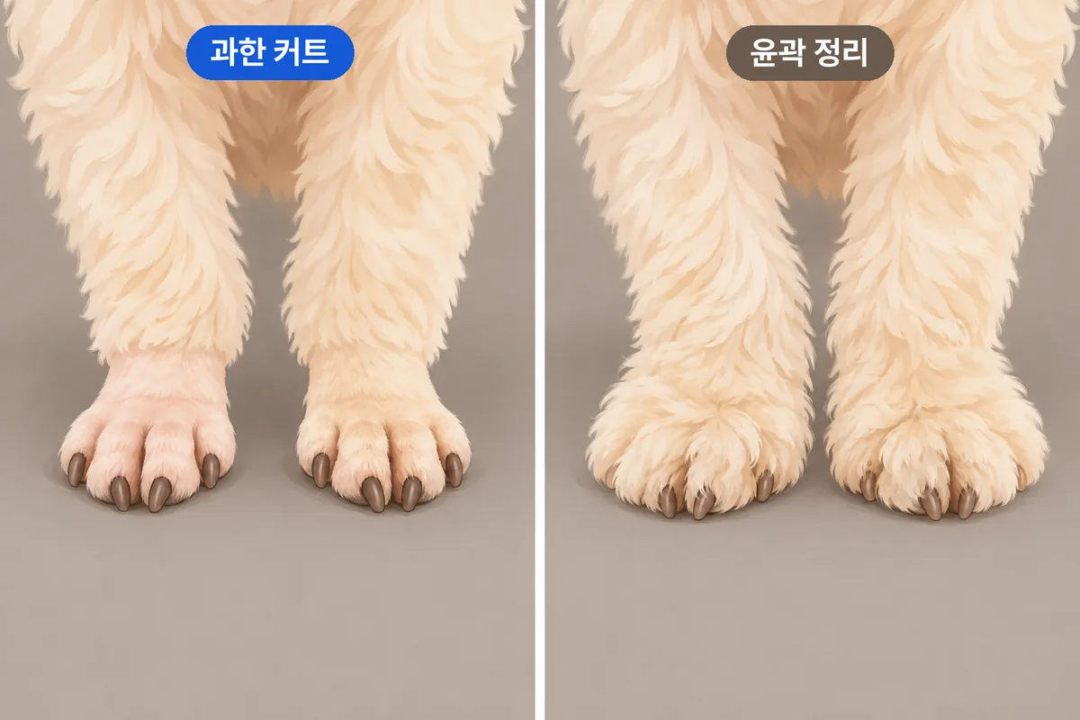 치와와의 짧은 털과 작은 발에서 과한 커트와 윤곽 정리를 비교한 일러스트
