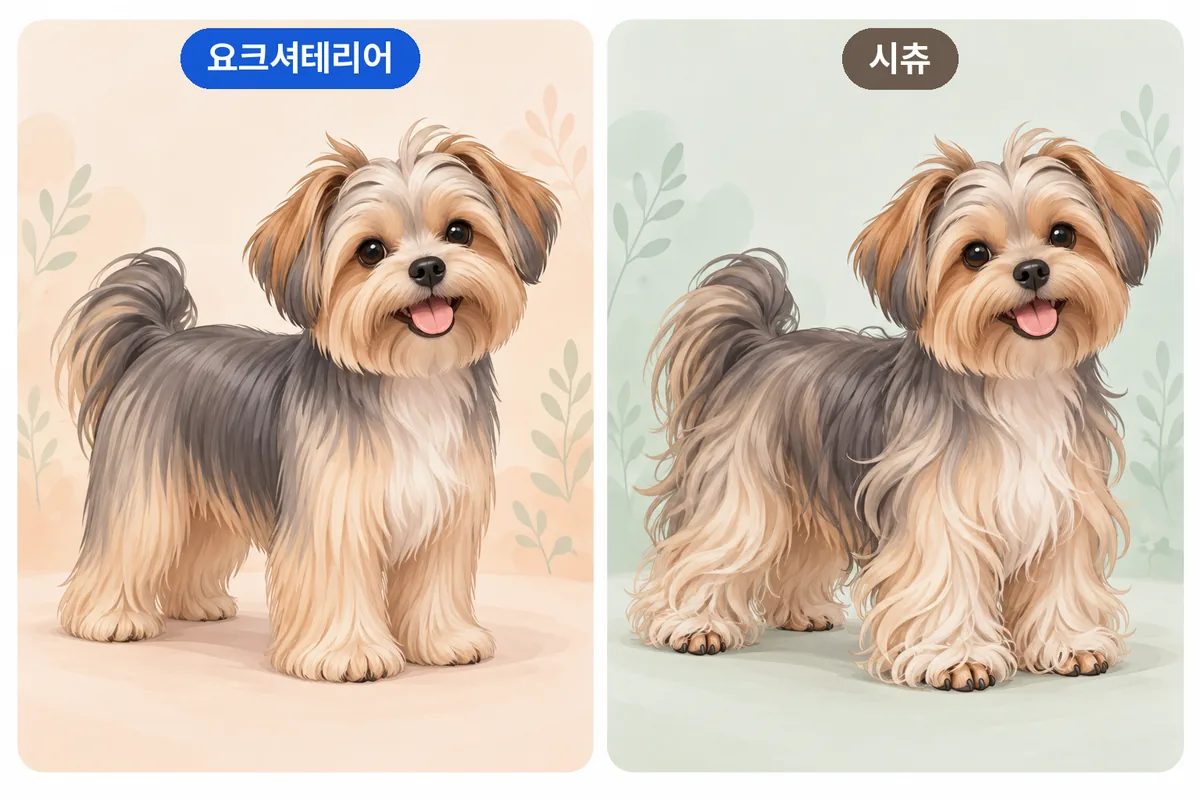 요크셔테리어와 시츄의 발 주변 털 정리 결과 비교 일러스트