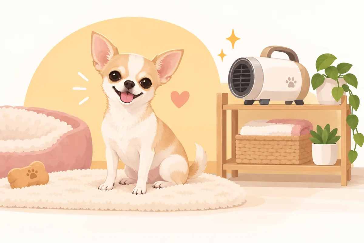 짧은 털의 작은 치와와와 компакт한 건조 장비 보관을 보여주는 개념 일러스트