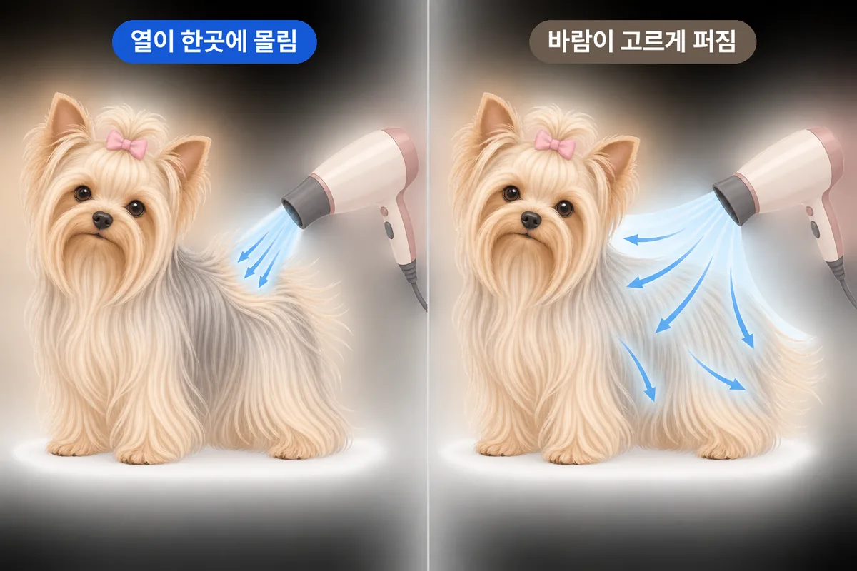 요크셔테리어의 가는 긴 털에 바람이 집중되거나 고르게 퍼지는 상황 비교