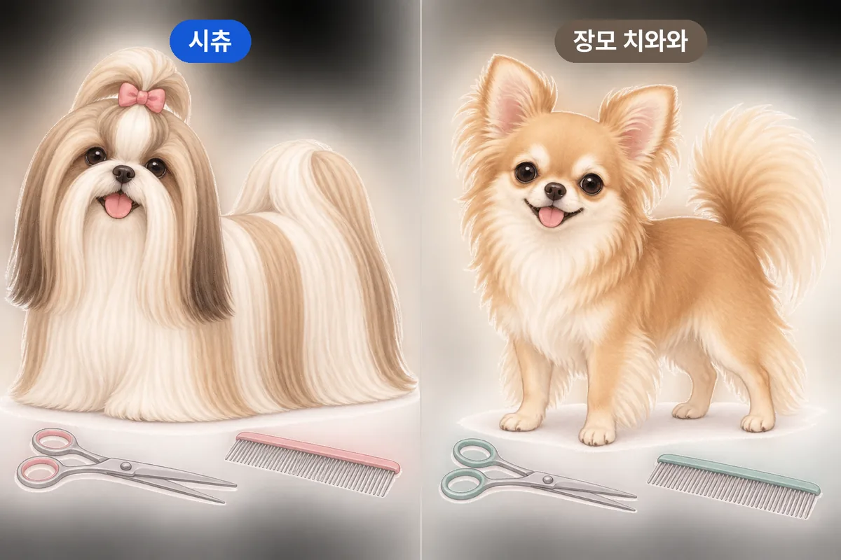 시츄와 장모 치와와의 털 선과 윤곽 정리 기준 비교 일러스트
