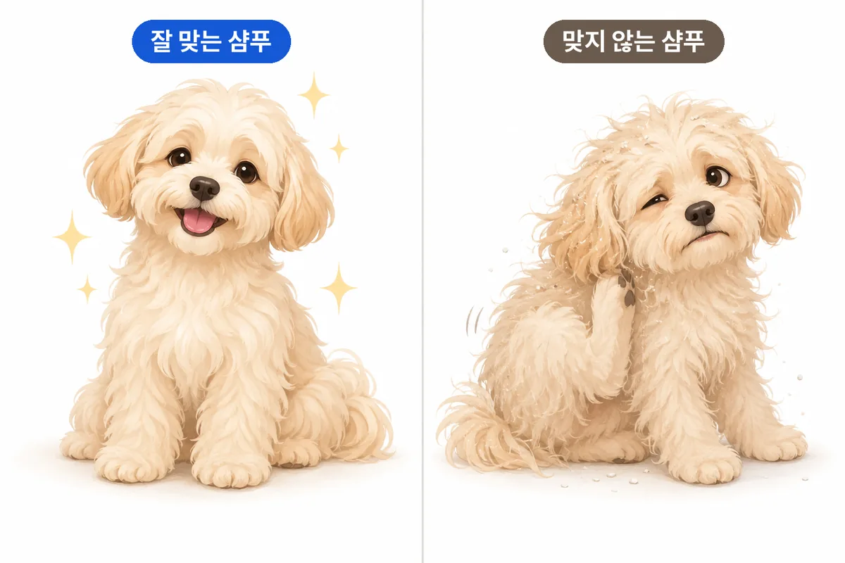 잘 맞는 샴푸를 쓴 윤기 나는 털의 강아지와 맞지 않는 샴푸로 털이 푸석하고 가려워하는 강아지 비교 일러스트