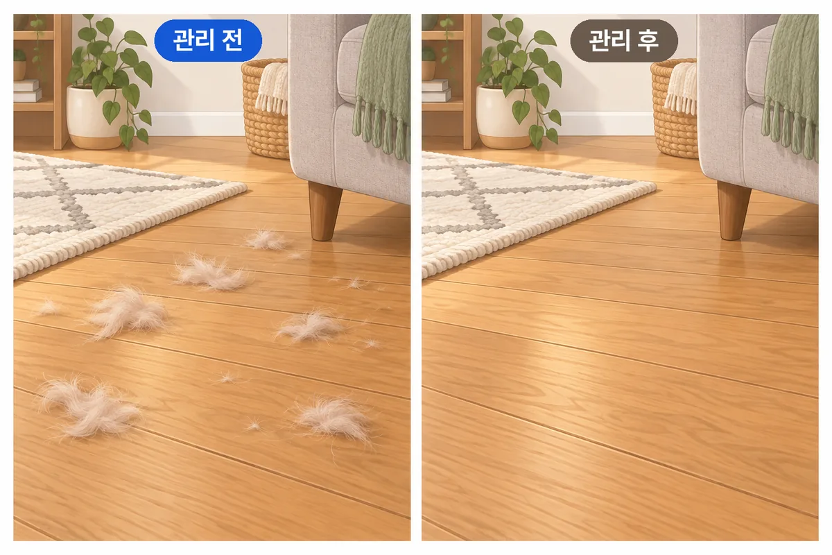 빠진 털 뭉치가 여기저기 흩어진 거실 바닥과 정기적으로 관리해 깨끗해진 거실 바닥을 비교한 일러스트