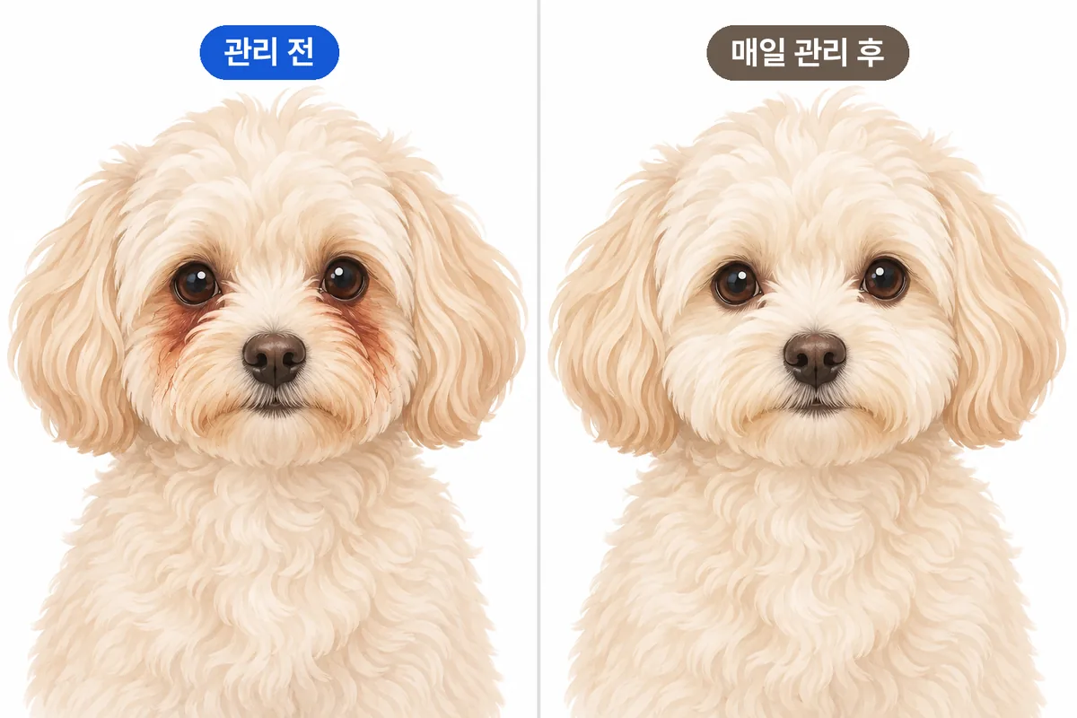 눈 밑에 갈색 눈물자국이 진하게 남은 얼굴과 매일 닦아 관리해 자국이 옅어진 얼굴을 비교한 일러스트