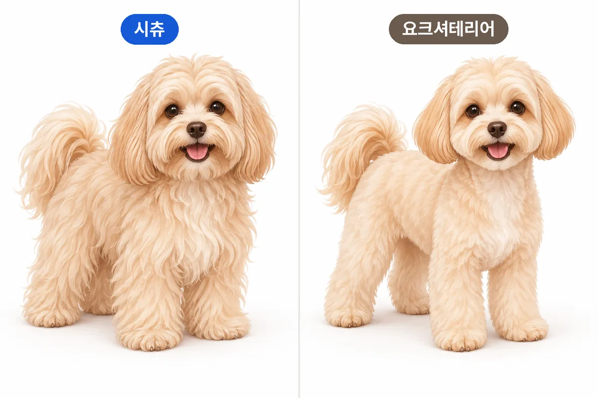 시츄의 둥근 얼굴 볼륨과 요크셔테리어의 차분한 털 흐름을 비교한 일러스트