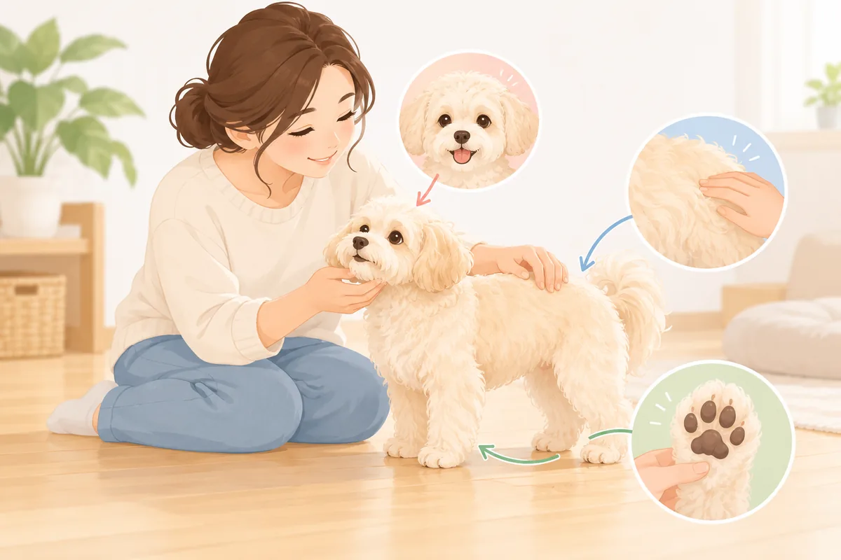 강아지의 털 길이와 얼굴 윤곽, 발 모양을 차분히 확인하는 홈 그루밍 장면