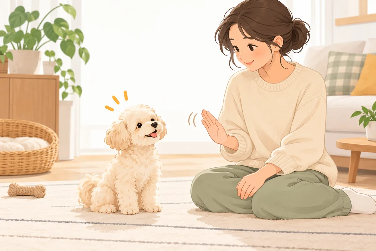 강아지 옆에서 잠시 손을 떼고 쉬게 하는 보호자의 짧은 양치 적응 장면