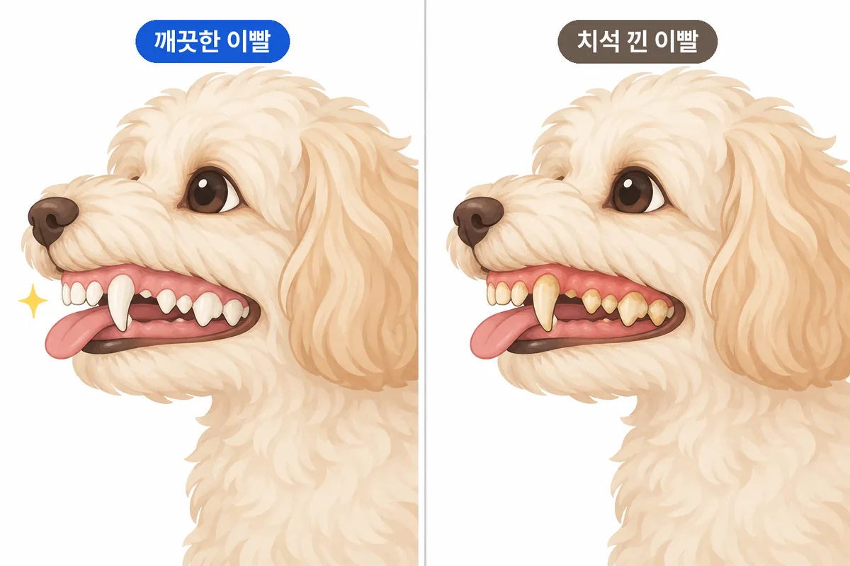 깨끗한 이빨과 잇몸 근처에 누런 치석이 낀 이빨을 나란히 비교한 강아지 일러스트