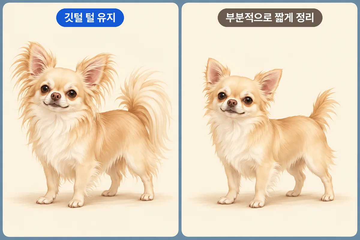 깃털 털을 유지한 장모 치와와와 귀·꼬리를 짧게 정리한 모습의 비교 일러스트