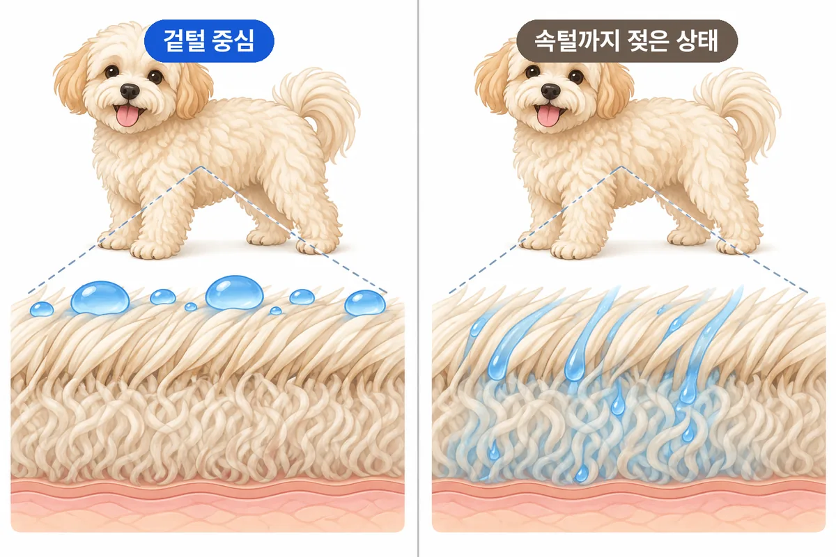 포메라니안 이중모의 겉털과 속털이 젖는 차이를 비교한 교육용 그림