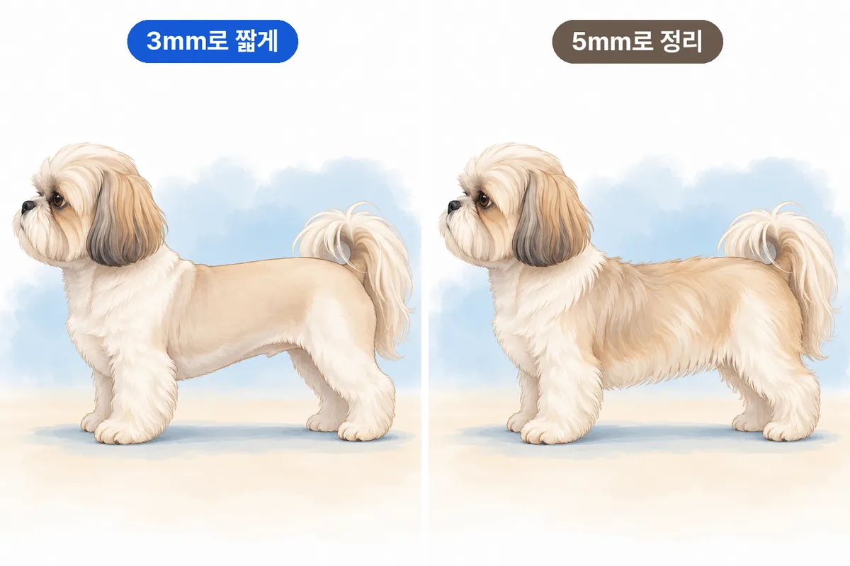 짧게 정리한 털과 조금 더 길게 남긴 털의 시츄 모습을 비교한 일러스트