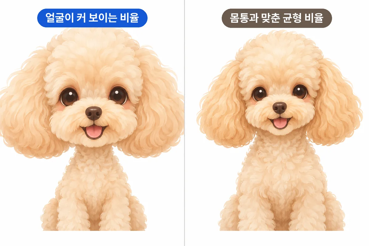 작은 체형에서 얼굴과 몸통 비율을 비교한 곰돌이 컷 교육용 일러스트