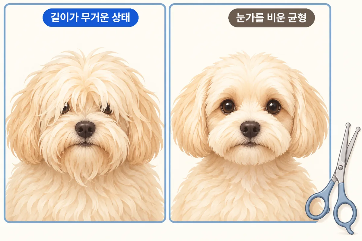 머즐 길이는 남기고 눈가 주변만 정리한 얼굴 털 비교 일러스트
